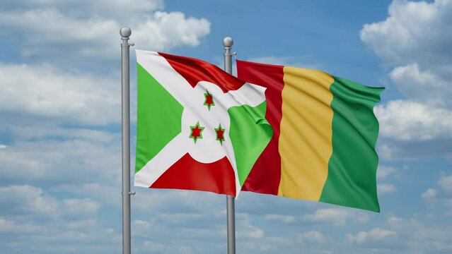 Republic of Guinea and Burundi two flags waving together, looped video, two country relations concept