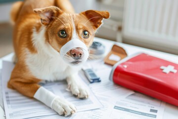Dog with bandaged muzzle lies on the table with first aid kit and documents on animal insurance. Conceptual image of emergency care for pets, animal treatment, veterinary medicine, life insurance.