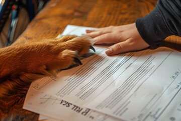 Signing a pet medical insurance contract. Contract form, person's hand and dog's paw on the table. Animal life insurance, pet care, animal protection.