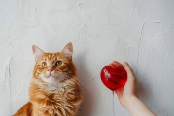 Blood donation for pets. Ginger cat, dropper in human hand in shape of red heart. Conceptual image of emergency help for animals, veterinary medicine, blood transfusion, pet life insurance.