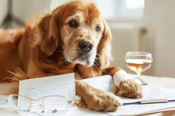 Dog with bandaged paw lies on the table with documents on animal insurance. Conceptual image of emergency care for pets, animal treatment, veterinary medicine, life insurance. - 789270777