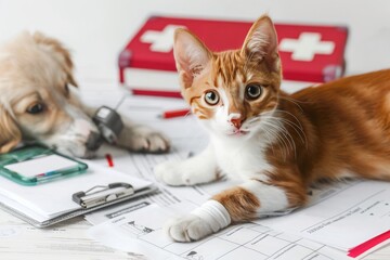 photo of a cat with a bandaged paw lying on insurance documents. dog with first aid kit nearby. bright atmosphere, white background. pet insurance concept  - obrazy, fototapety, plakaty