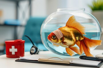 Goldfish in aquarium with bandaged head on the table with first aid kit, medications, animal insurance documents . Conceptual image of emergency pets assistance, animal treatment, veterinary medicine - 789270781