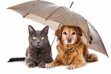 Cute cat and dog sit under an umbrella on a white background. Pet insurance, pet care, veterinary clinic, emergency animal care. Concept of health and life protection.