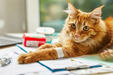 Ginger cat with wounded, bandaged paw is lying on office desk with documents about pet insurance. Concept of animal veterinary, emergency care, veterinary clinic, pet medications, cat and dog care - 789270789