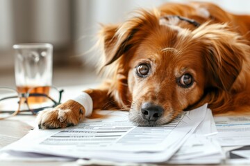 Dog with bandaged paw lies on the table with documents on animal insurance. Conceptual image of emergency care for pets, animal treatment, veterinary medicine, life insurance. - 789270796