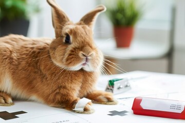 Rabbit with bandaged paw lies on the table with first aid kit and documents on animal insurance. Conceptual image of emergency care for pets, animal treatment, veterinary medicine, life insurance. - 789270798