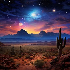 Fantasy landscape with mountains and cacti in the desert.