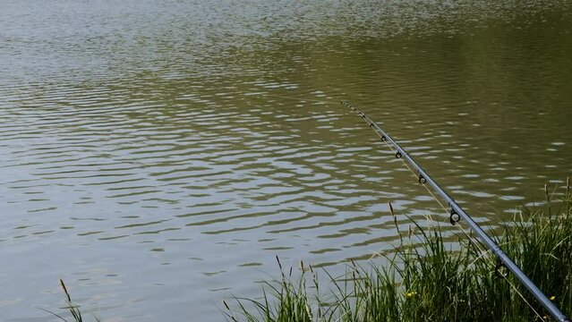 fishing in the lake with no people and fishing rod
