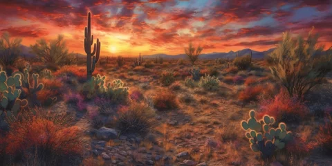 Rolgordijnen Beautiful desert landscape with Cacti and mountains. Digital painting. © Hawk