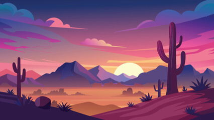 Majestic desert sunset with cacti and mountain backdrop, vector cartoon illustration.