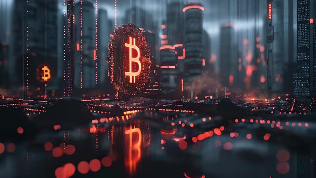 Slow Motion Video of Bitcoin logo glowing in red neon lights with a reflective cityscape backdrop