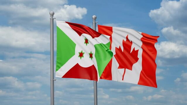 Canada and Burundi two flags waving together, looped video, two country cooperation concept