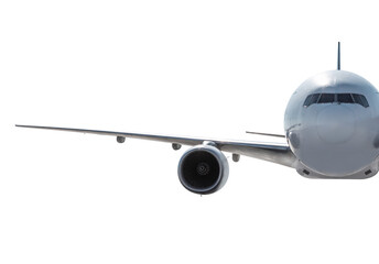 Front view of the white wide body passenger jetliner flies isolated