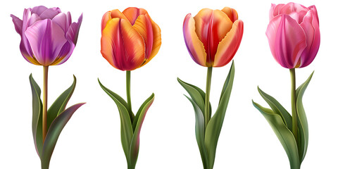 4 set of colorful tulips, isolated on a transparent background