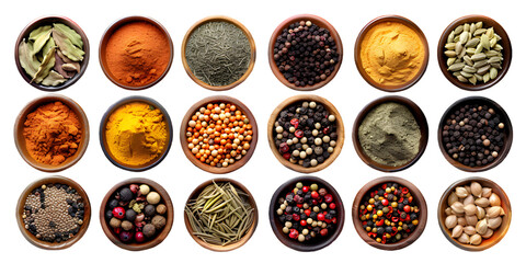 Assortment of exotic spices in bowls, isolated on transparent background 