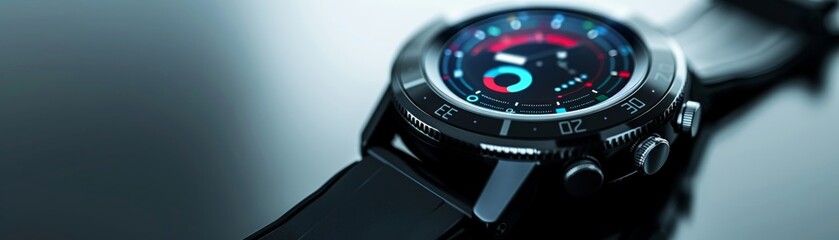 A close up of a black wristwatch with a blue and red display.