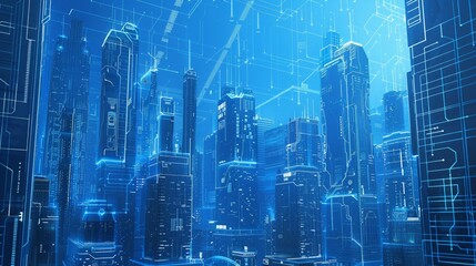 A digital city with blue glowing lines representing a futuristic technology