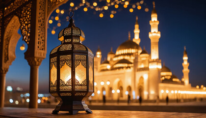 A mosque in the night of Ramadan. Arab lantern with a light inside in the night on background of lights and bokeh.  - obrazy, fototapety, plakaty