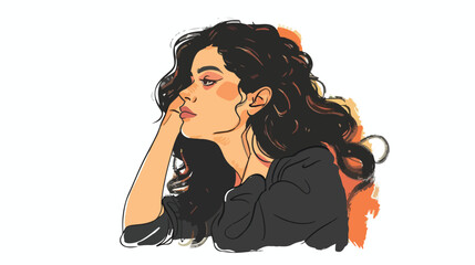 Thoughtful woman . Hand drawn style vector design illustration