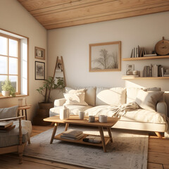a living room in American farmhouse style, simple long sofa with window 