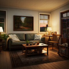 a living room in American farmhouse style, simple long sofa with window 