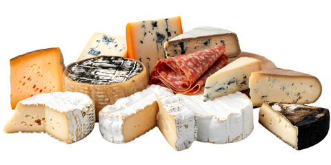 Delicious selection of gourmet cheeses, isolated on transparent background