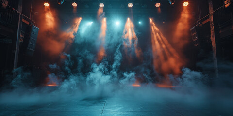 Empty concert stage with illuminated spotlights and smoke. Stage background , white spotlight and smoke	
