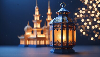 A mosque in the night of Ramadan. Arab lantern with a light inside in the night on background of lights and bokeh.  - obrazy, fototapety, plakaty