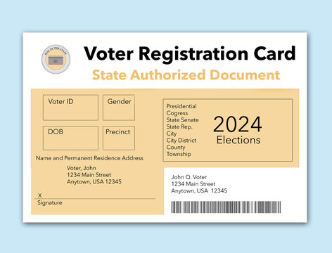 Here is a mock, generic state issued voter registration card..This is about voters and elections and is a 3-d illustration.