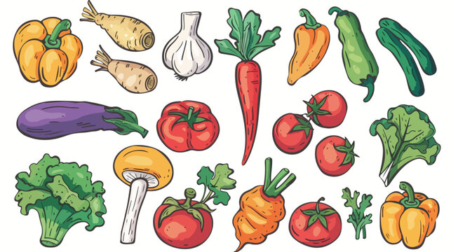 Top view of various fresh vegetables. Hand drawn style