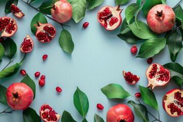 Mockup with pomegranates and branches, free space for text in the middle. Ripe juicy pomegranates, berries and seeds, elegant tree branches with leaves, blue table, top view flat lay. - 789273703