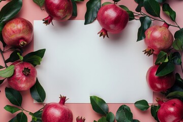 Horizontal mockup with pomegranates and free space for text in the middle. White sheet of blank paper, bright juicy pomegranate, pomegranate seeds and berries, pink table, top view flat lay. - 789273715