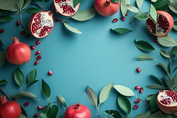 Mockup with pomegranates and branches, free space for text in the middle. Ripe juicy pomegranates, berries and seeds, elegant tree branches with leaves, blue table, top view flat lay. - 789273722