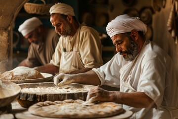 A group of men is baking bread. Cooking by men in the kitchen. Traditional Eastern baking, food, men in headgear, with beards. Arabic, Turkish, Eastern cuisine. - 789273736