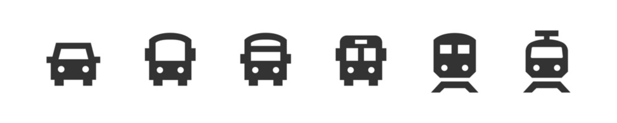 Transportation, set of icons of car, buses, subway and train. Flat vector