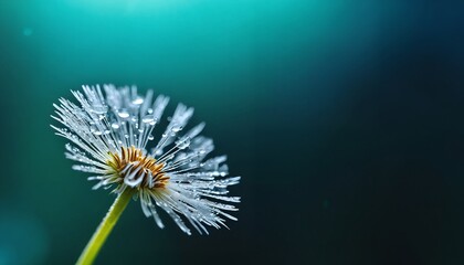 A dandelion covered in water droplets. An abstract close-up of a dandleion against a blue backdrop, designed as a serene horizontal wallpaper with ample text space.