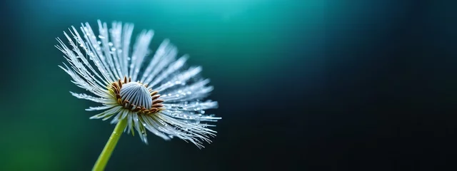 Fotobehang A dandelion covered in water droplets. An abstract close-up of a dandleion against a blue backdrop, designed as a serene horizontal wallpaper with ample text space. © 360VP
