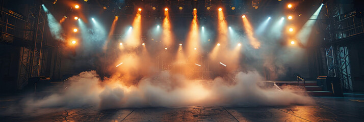 Empty concert stage with illuminated spotlights and smoke. Stage background , white spotlight and smoke	
 - obrazy, fototapety, plakaty