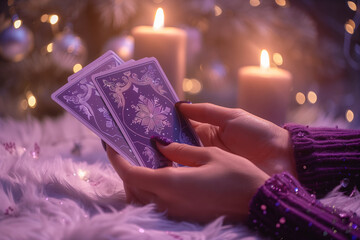 Womans hands holding oracle tarot cards in purple tones with a mystical vibe. Image for fortune telling and mediumship. A candle lit in the background.