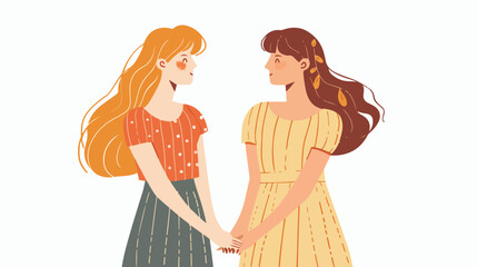 Two girls holding each other by hands. Hand drawn sty