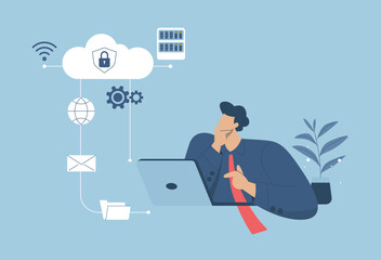 Technology cloud computing service server storage concept and cloud security, Secure connection, Storage of important data, Woman uses laptop to work in social media.  Vector design illustration.