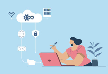 Technology cloud computing service server storage concept and cloud security, Secure connection, Storage of important data, Woman uses laptop to work in social media.  Vector design illustration.