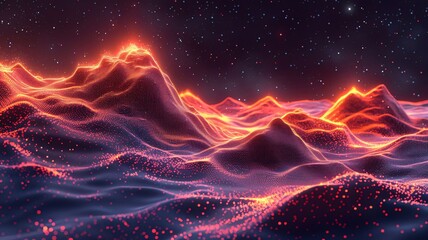 Abstract 3D wireframe landscape with glowing particles. Vector illustration.