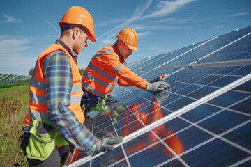 Men workers installing solar panels on the roof. Photoof men in bright construction clothing fixing solar panels. The concept of energy conservation, ecology, heating, repairing the roof. - 789275119