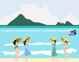 Obraz na płótnie Canvas 夏の海で遊ぶ女性たちのイラスト