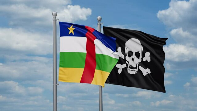 Central African Republic and Jolly Roger or pirate two flags waving together, looped video