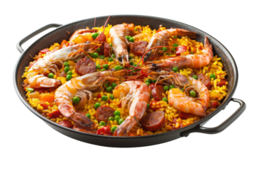 Paella Valenciana: A Spanish rice dish containing shrimp, chorizo, and saffron, in a traditional pan.