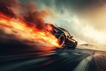 : A dramatic shot of a race car zooming around a sharp turn, with tires squealing and smoke billowing behind