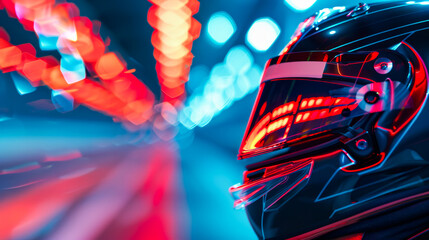 Racing helmet with reflective visor with colorful bokeh lights